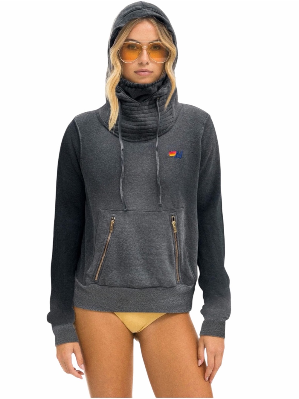 Aviator Nation Ninja Pullover Hoodie Faded Smoke Funnel Neck Zip Pockets Small